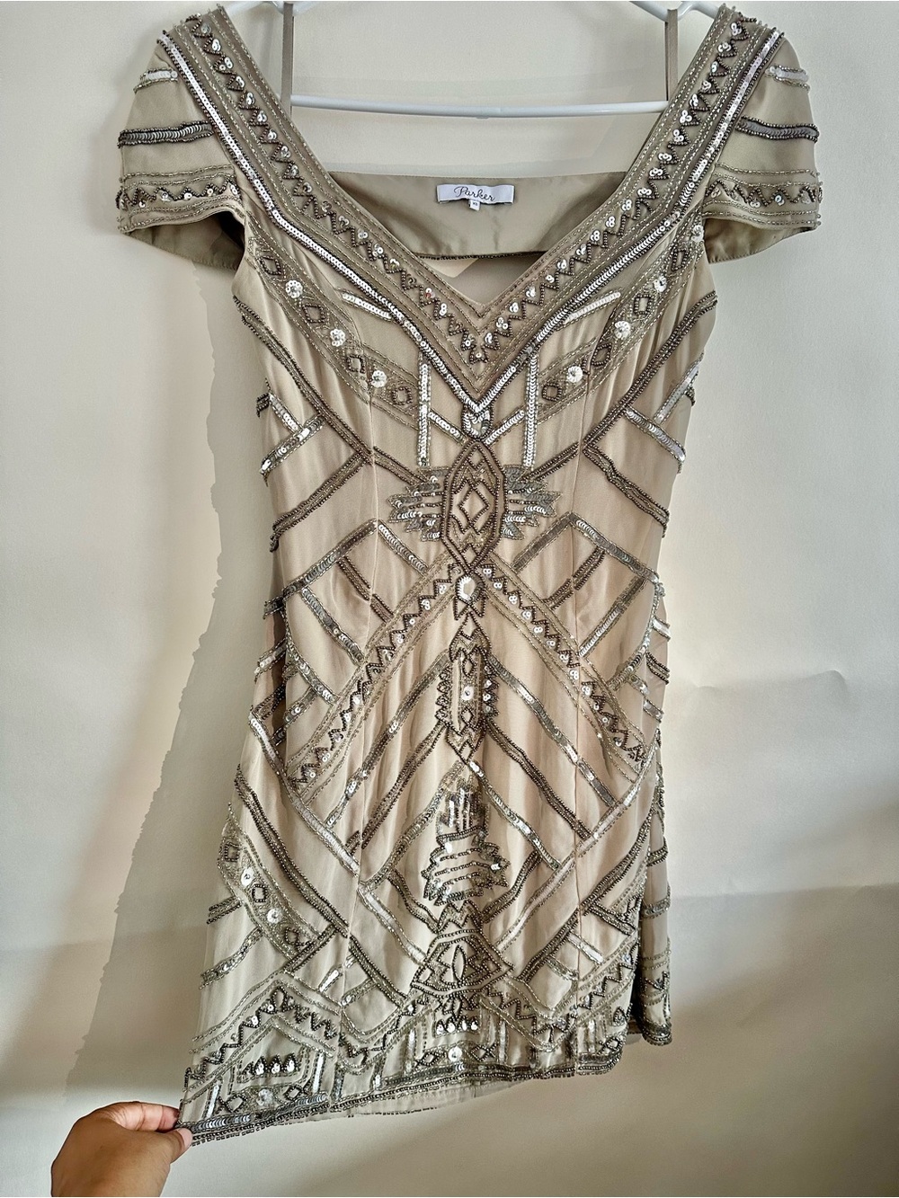 Parker Silk Beaded Art Deco Flapper Silk Sequin Mini Dress XS Champagne
